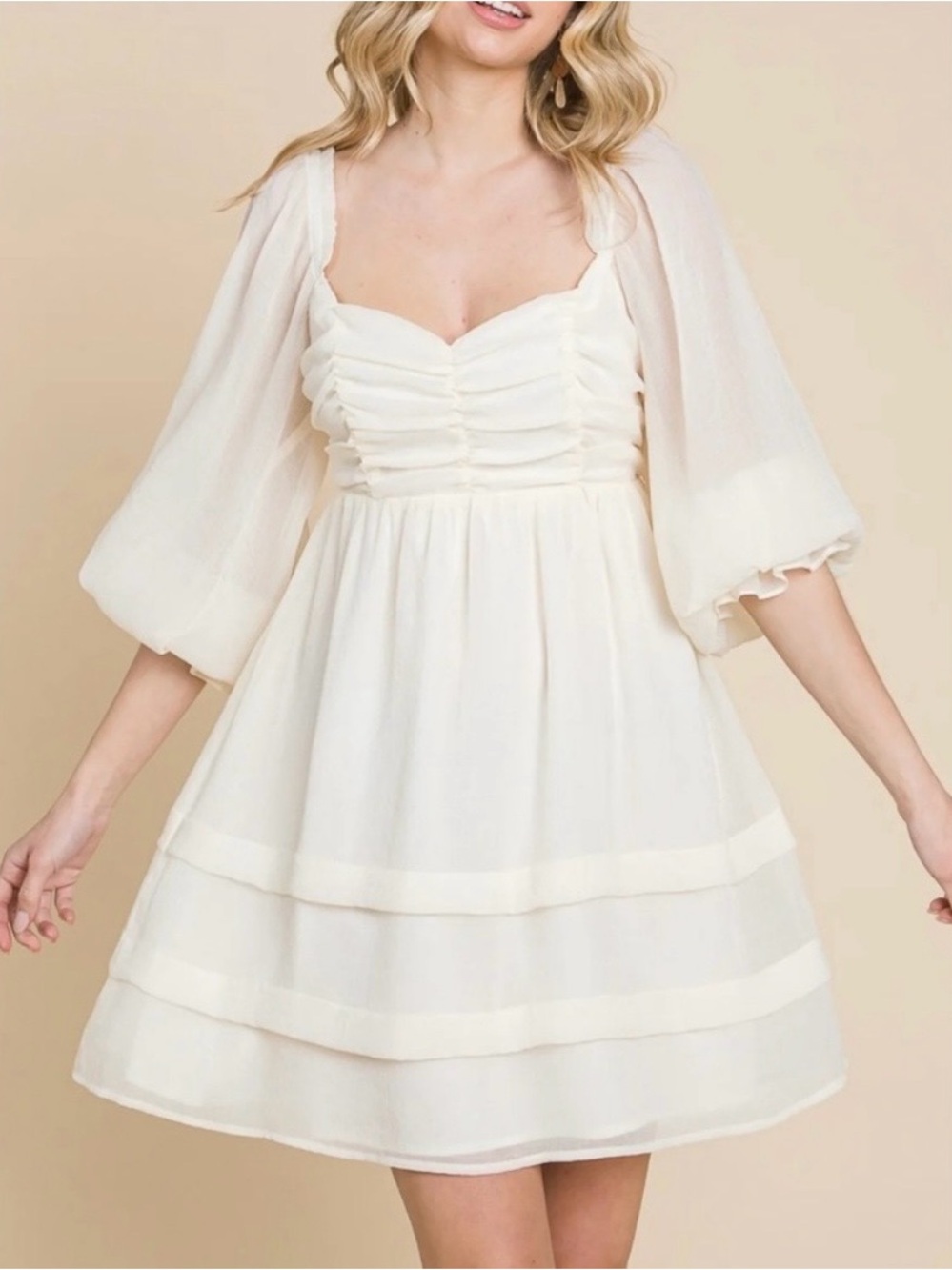 On You mini dress, ivory chiffon sweetheart long sleeve, medium, smocked back